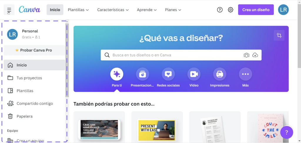 Interfaz de Canva en español, destacando opciones de diseño como plantillas, redes sociales, video e impresiones, junto con un menú lateral para acceder a proyectos y plantillas.