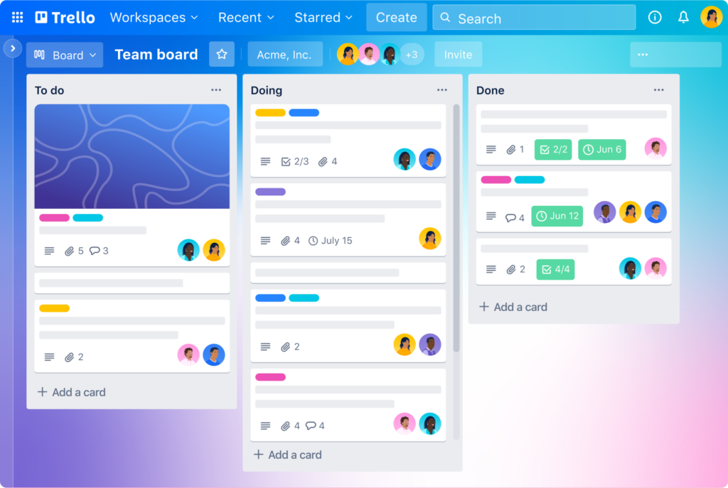 Tablero de trabajo colaborativo en Trello con tres columnas: To Do, Doing y Done, mostrando tareas asignadas a distintos usuarios con etiquetas de color y fechas.